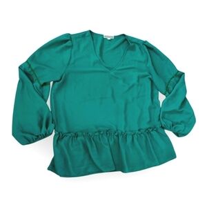 PLEIONE Kelly Green V Neck Peasant Blouse Large